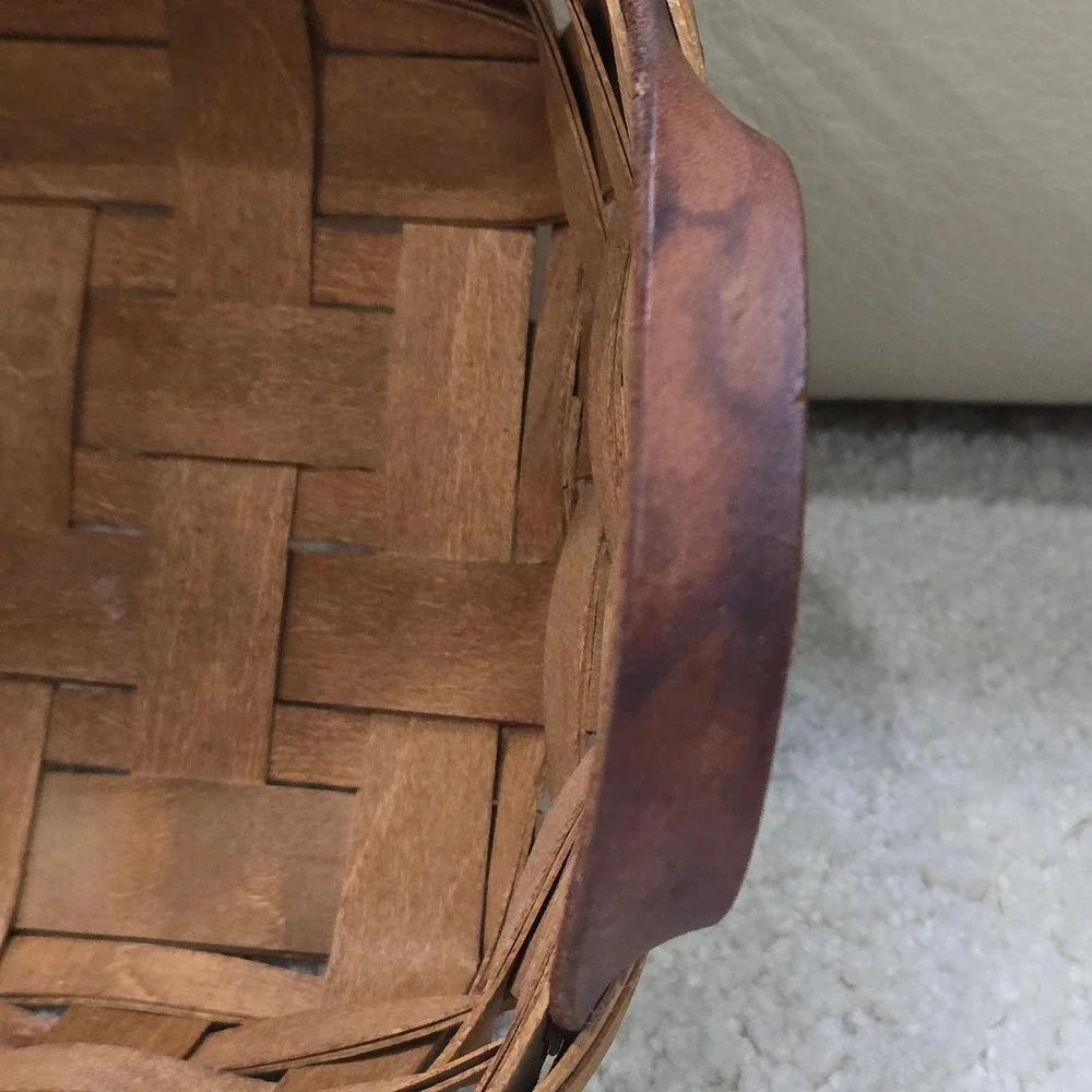Woven Wood Basket‎ with Leather Handles Rustic Farmhouse Decor Square Vintage